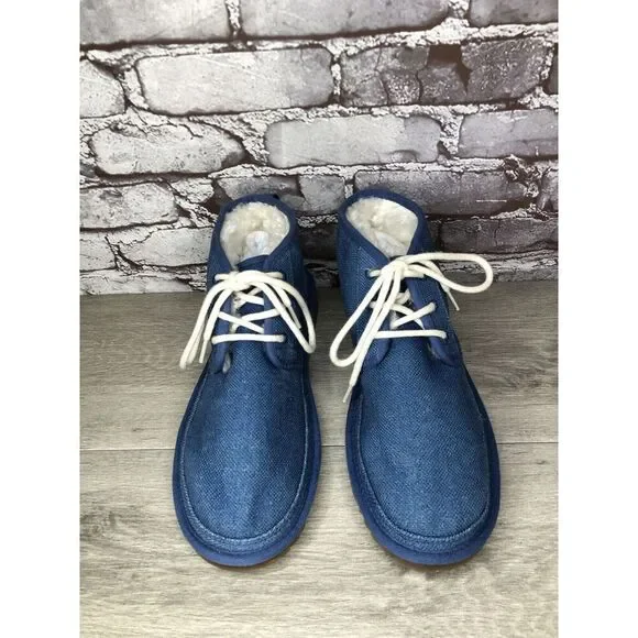 UGG Neumel Blue Fabric Fur WHT Lace Up Chukka Boots Men Sz 43EU/10M US 1117613